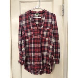 NWOT ANTHROPOLOGIE Plaid Flannel Collarless V Neck Size 6 Red White Droptail